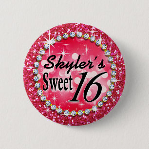 Glitz Glam Bling Sweet 16 Celebration hot pink 6 Cm Round Badge