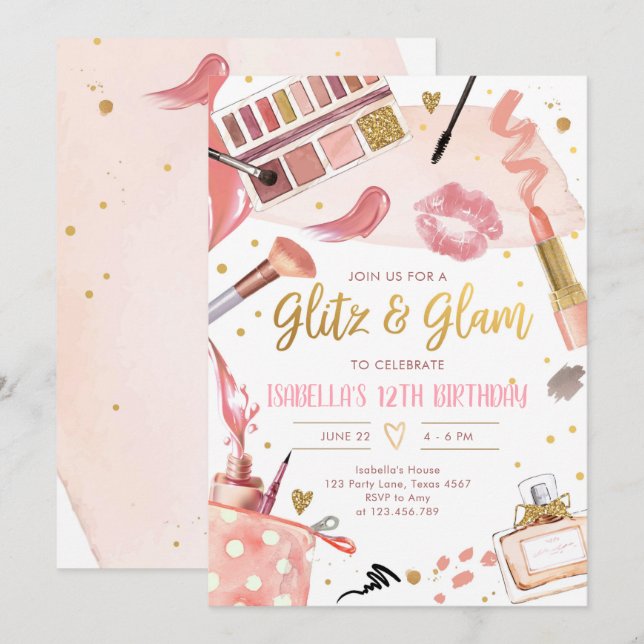 Glitz Glam Glamour Spa Party Girl Makeup Birthday Invitation (Front/Back)