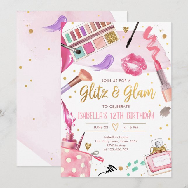 Glitz Glam Glamour Spa Party Girl Makeup Birthday  Invitation (Front/Back)