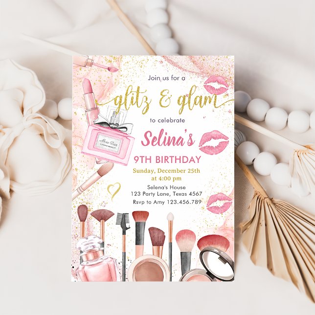 Glitz Glam Glamour Spa Party Pink Makeup Birthday Invitation (Creator Uploaded)