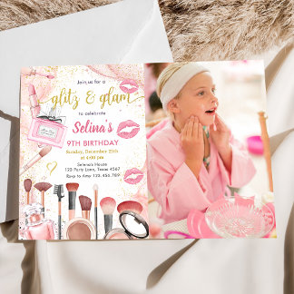 Glitz Glam Glamour Spa Party Pink Makeup Birthday Invitation