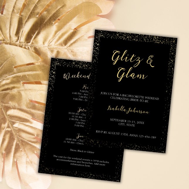 Glitz & Glam Golden Glitter Bachelorette Weekend Invitation (Glitz & Glam Black Glitter Bachelorette Weekend Invitation)