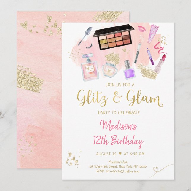 Glitz & Glam Pink Gold Spa Birthday Invitation (Front/Back)