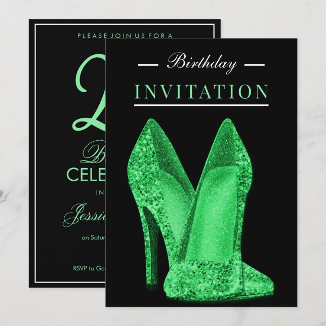 Glitz & Glamour Bright Green 25th Birthday Invitation (Front/Back)