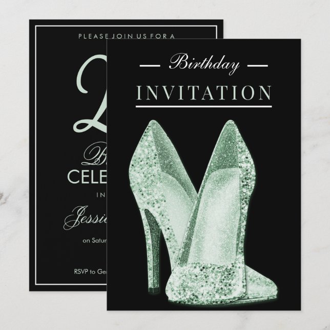 Glitz & Glamour Green 25th Birthday Invitation (Front/Back)