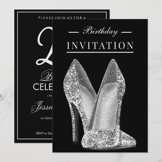 Glitz & Glamour Silver 25th Birthday Invitation (Front/Back)
