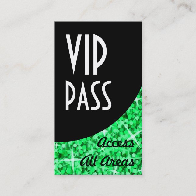 Glitz Green 'VIP Pass' Black Curve business card (Front)