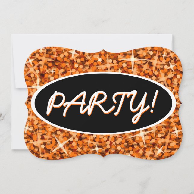 Glitz Orange 'Party!' black oval bracket Invitation (Front)