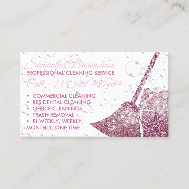 Glitz Pink Luxury Cleaning Maid Janitorial Business Card (Front)