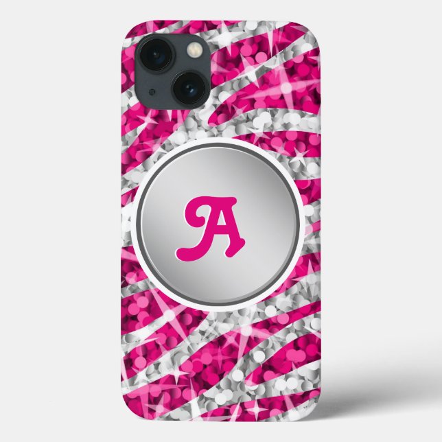 Glitz Zebra Pink print monogram silver Case-Mate iPhone Case (Back)