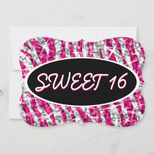Glitz Zebra Pink 'Sweet 16' black oval bracket Invitation