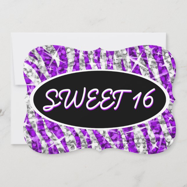 Glitz Zebra Purple 'Sweet 16' black oval bracket Invitation (Front)