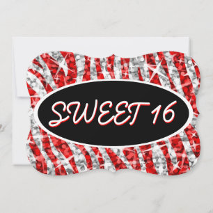 Glitz Zebra Red 'Sweet 16' black oval bracket Invitation