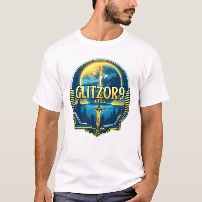 Glitzor9 Skyline Badge — Planet & Blade Emblem T-Shirt (Front)