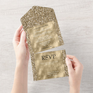 Glitzy Antique Gold Glitter All In One Invitation