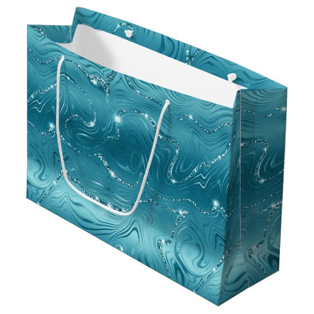 Glitzy Aqua Blue Turquoise Glitter Birthday Large Gift Bag (Front Angled)