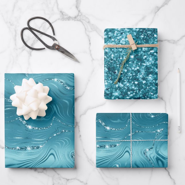 Glitzy Aqua Blue Turquoise Glitter Birthday Wrapping Paper Sheet (Front)