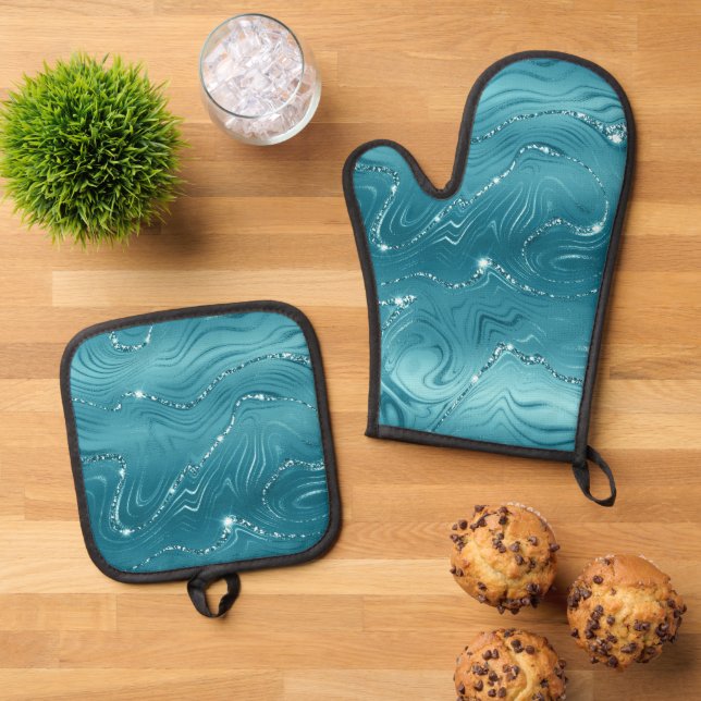 Glitzy Aqua Blue Turquoise Marble   Oven Mitt & Pot Holder Set (Top Down)