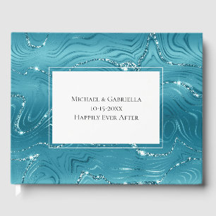 Glitzy Aqua Blue Turquoise Marble Wedding Guest Book