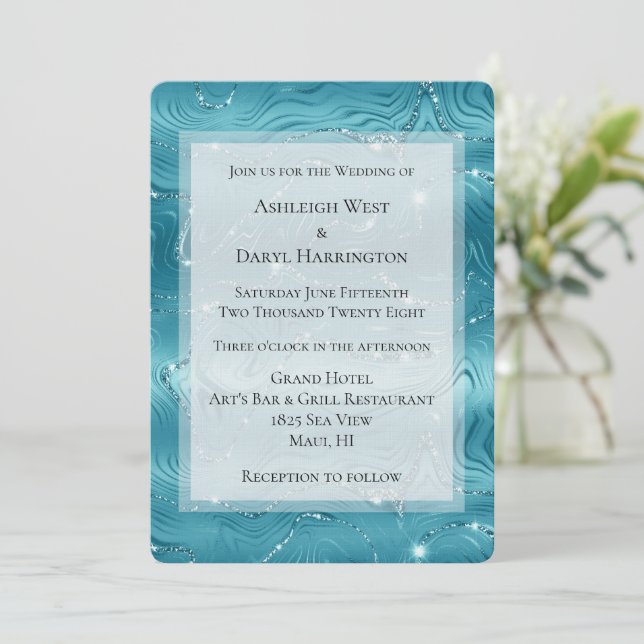 Glitzy Aqua Blue Turquoise Marble Wedding Invitation (Standing Front)