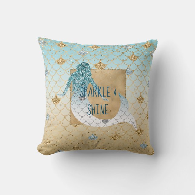 Glitzy Aqua Mermaid Blue Gold Sparkle Glitter      Cushion (Front)