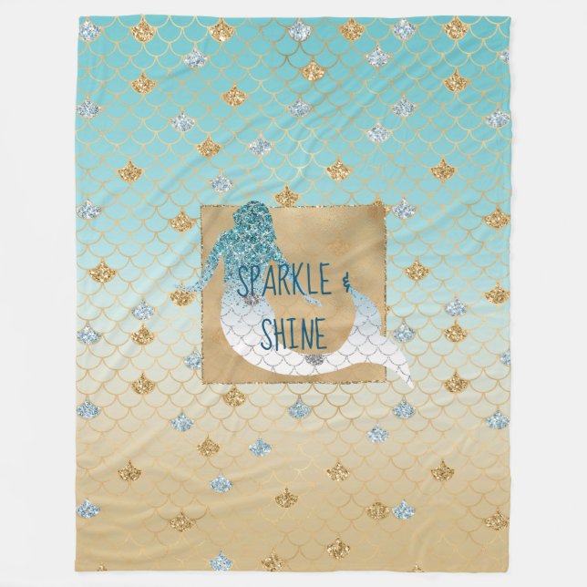 Glitzy Aqua Mermaid Blue Gold Sparkle Glitter   Fleece Blanket (Front)