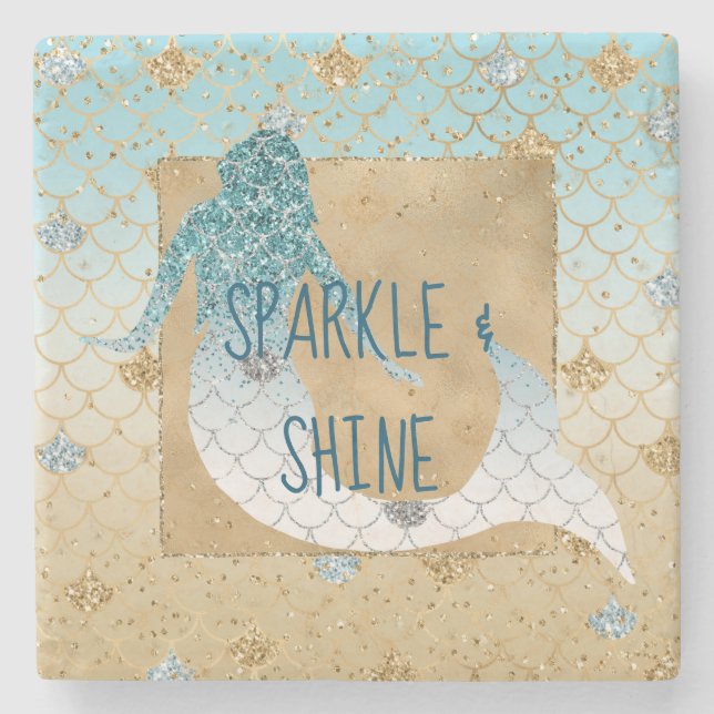 Glitzy Aqua Mermaid Blue Gold Sparkle Glitter      Stone Coaster (Front)