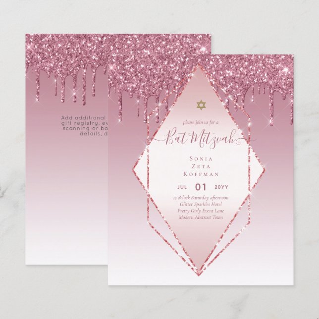 Glitzy BAT MITZVAH Invites Glitter Sparkles Modern (Front/Back)