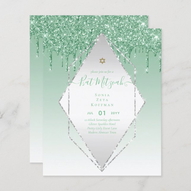 Glitzy BAT MITZVAH Invites Glitter Sparkles Modern (Front/Back)