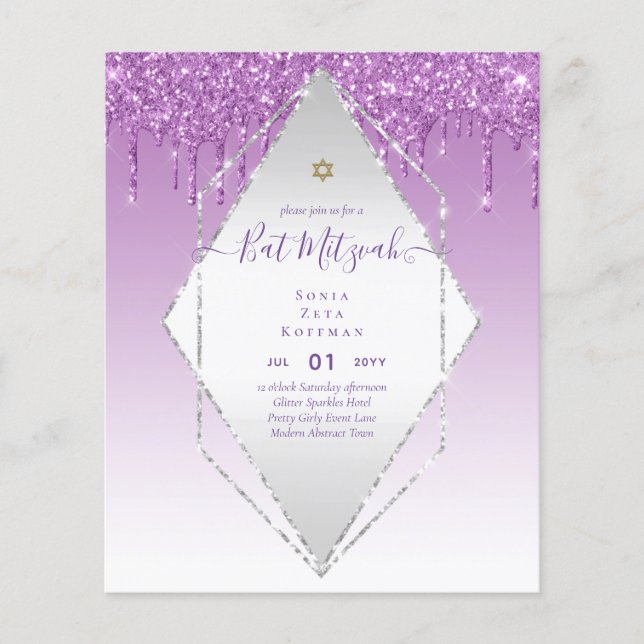 Glitzy BAT MITZVAH Invites Glitter Sparkles Modern Flyer (Front)