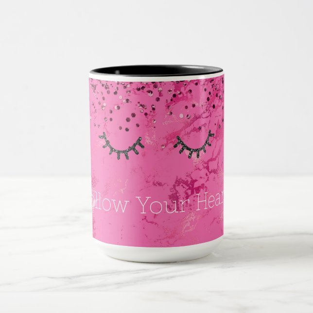 Glitzy Black Eyelashes Pink Marble Glitter Mug (Center)