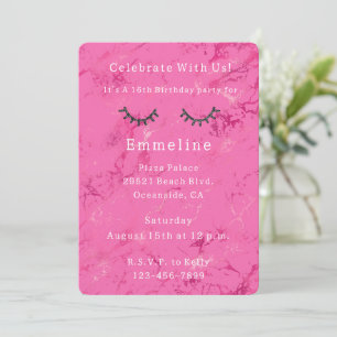 Glitzy Black Glitter Eyelashes Pink Birthday Invitation