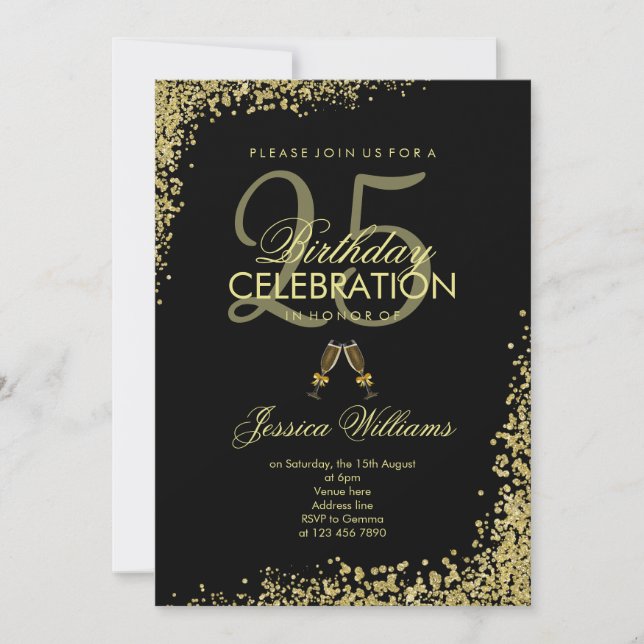 Glitzy Black & Gold "Champagne Toast" Birthday Invitation (Front)