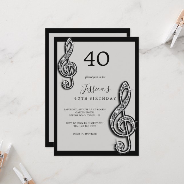 Glitzy Black Music Notes Birthday Invitation (Front/Back In Situ)