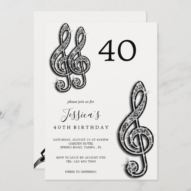 Glitzy Black Music Notes Birthday Invitation (Front/Back)