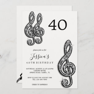 Glitzy Black Music Notes Birthday Invitation