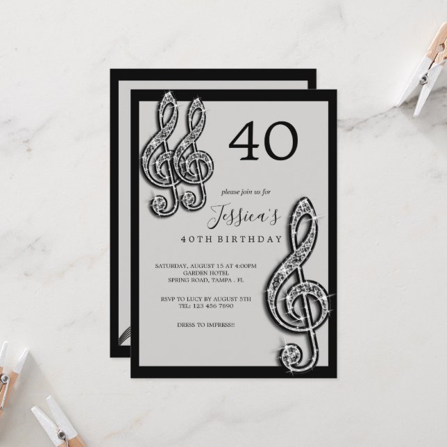 Glitzy Black Music Notes Birthday Invitation (Front/Back In Situ)