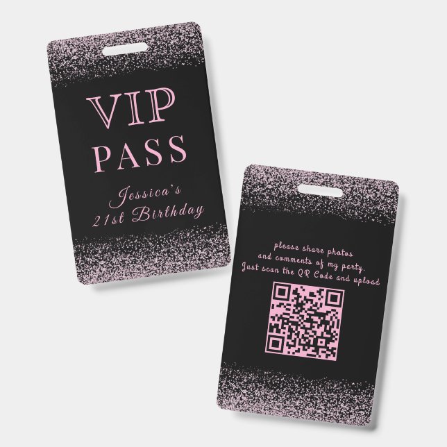 Glitzy Black & Pink VIP Birthday Pass ID Badge (Front & Back)
