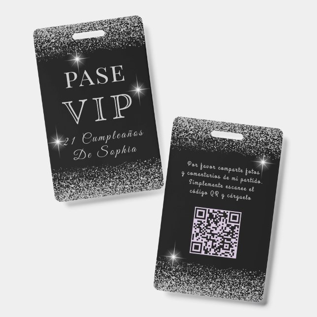 Glitzy Black & Silver Sparkly VIP Birthday Pass ID Badge (Front & Back)