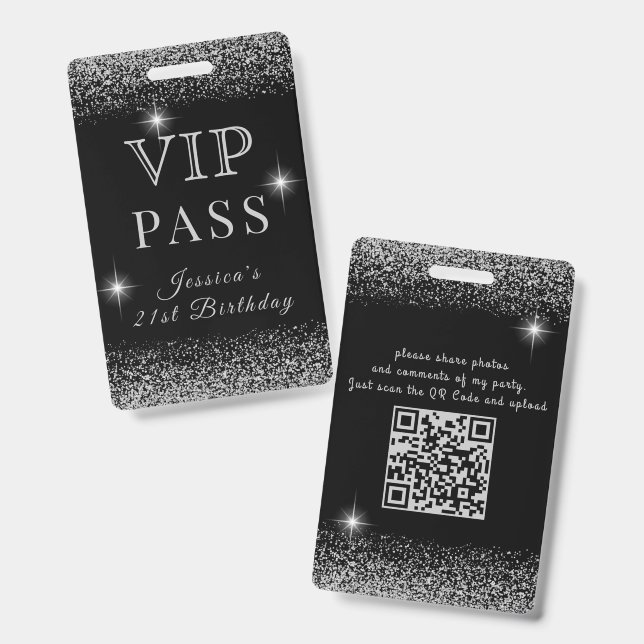 Glitzy Black & Silver Sparkly VIP Birthday Pass ID Badge (Front & Back)
