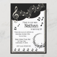 Glitzy Black & White Musical Notes Birthday