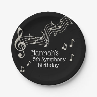 Glitzy Black & White Musical Notes Birthday Paper Plate