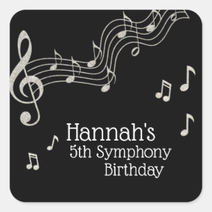 Glitzy Black & White Musical Notes Birthday Square Sticker