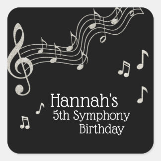 Glitzy Black & White Musical Notes Birthday  Square Sticker