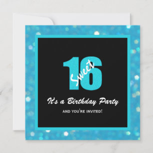 Glitzy Blue Black Sweet 16 Party Invitations