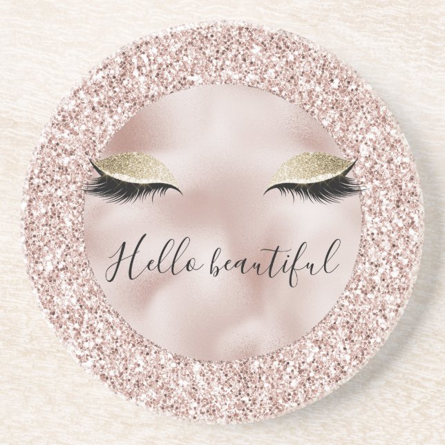 Glitzy Blush Pink Glitter Gold Eyelashes  Coaster (Front)