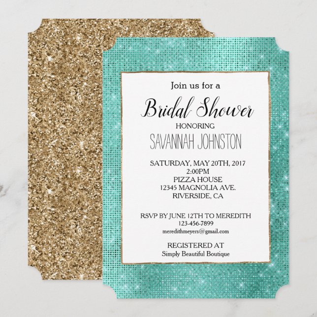 Glitzy Chic Mint Green Sparkle Bridal Shower Invitation (Front/Back)