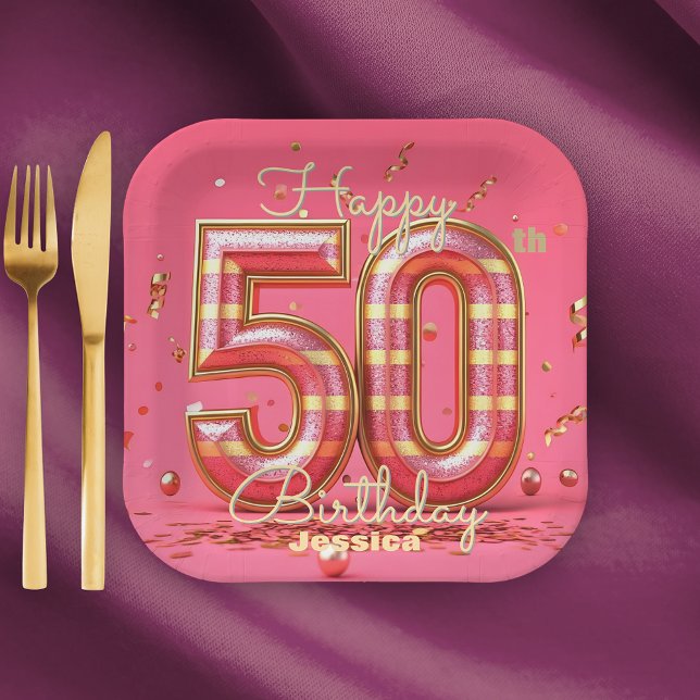 Glitzy Elegant Striped Pink & Gold 50th Birthday  Paper Plate (Creator Uploaded)