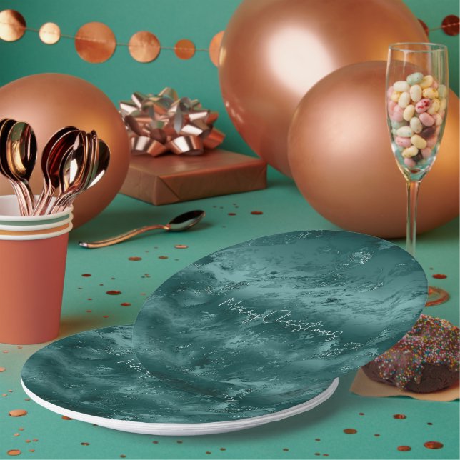 Glitzy Emerald Green Ombre Marble        Paper Plate (Multi)