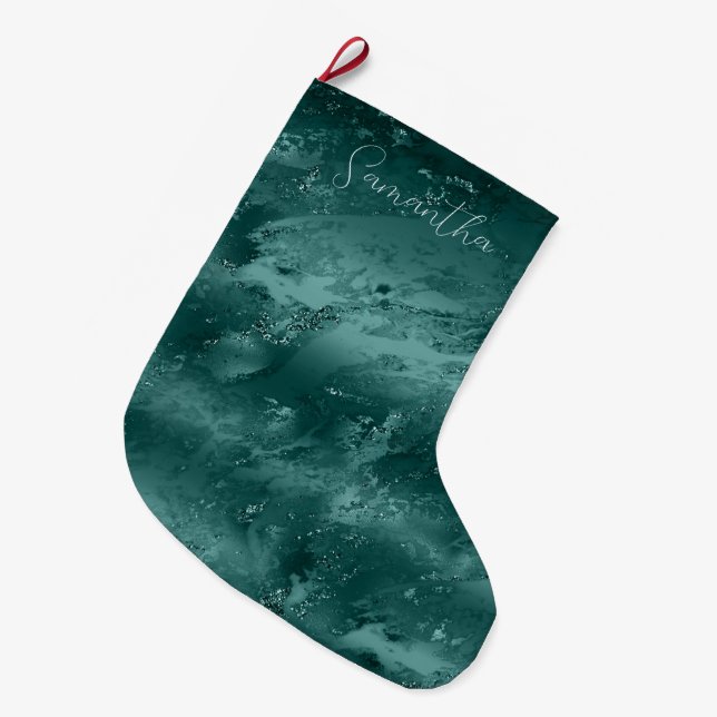 Glitzy Emerald Green Ombre Marble Personalised Large Christmas Stocking (Front (Hanging))